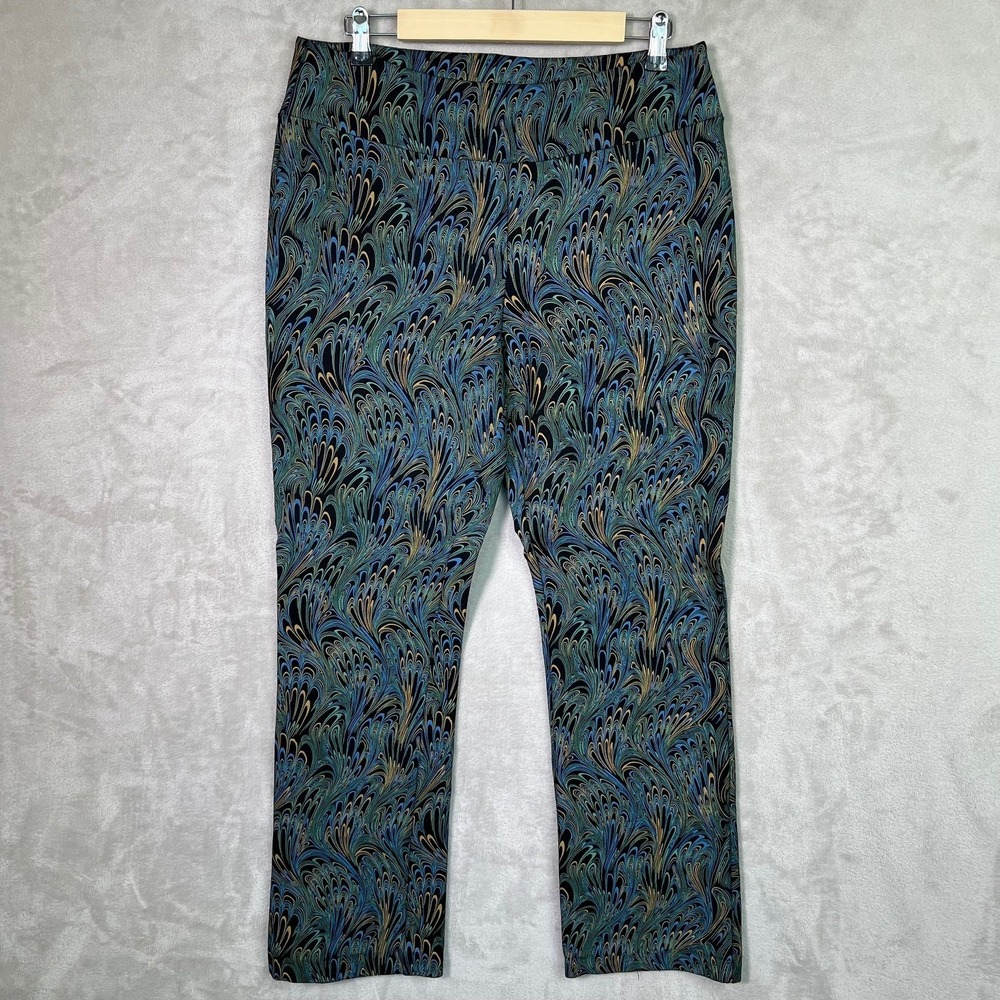 Soft Surroundings Pants Womens L Black Peacock Marble Print Ponte Knit EUC